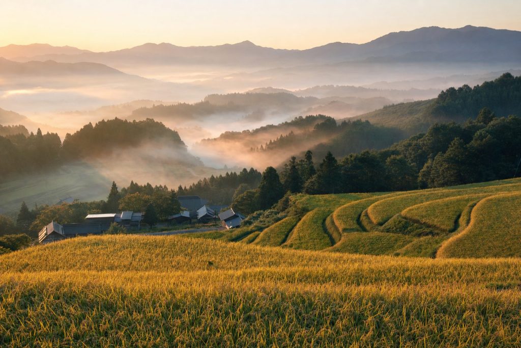 日本の里山と棚田、朝霧に包まれた集落の風景