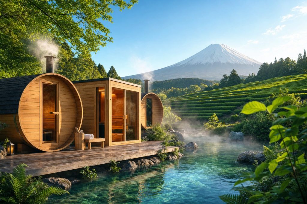 静岡の自然・茶畑・富士山を背景にした木の屋外サウナ（サウナの県・静岡のイメージ）