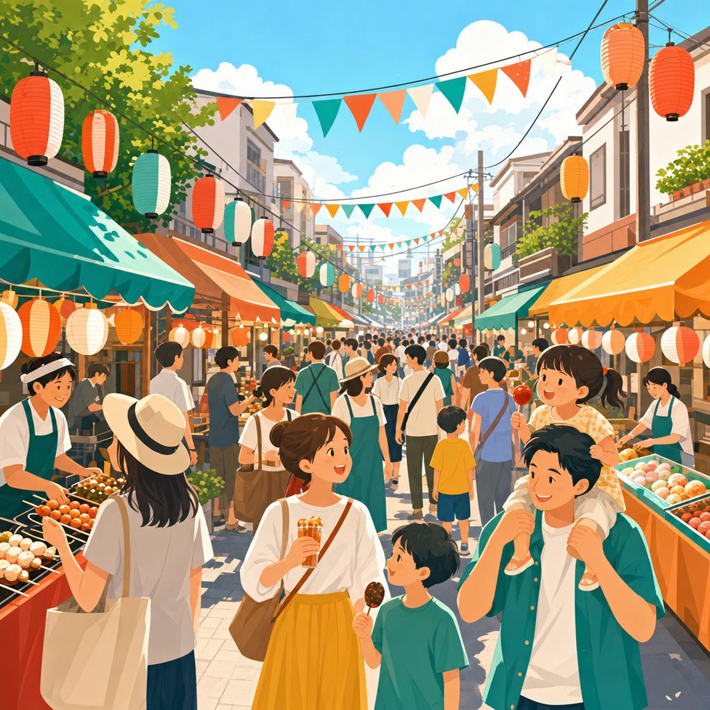 商店街のイベントマルシェに人が集まり賑わう様子のフラットイラスト
