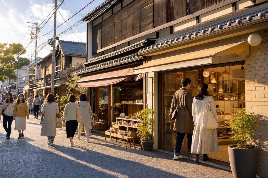 夕方の日本の商店街。買い物客が通りを歩き、一組が店先へ入っていく来店動線のイメージ