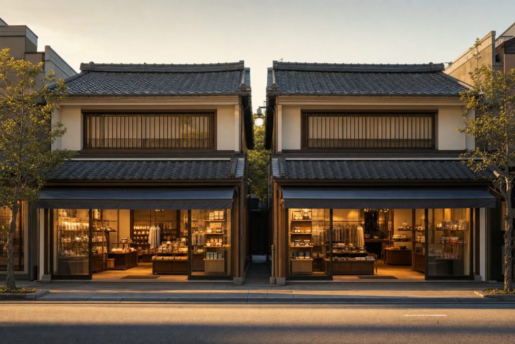 夕方に灯る和風の店舗が2軒、左右対称に並ぶ商店街。販促効果を測るための対照店比較（DID）を象徴するイメージ