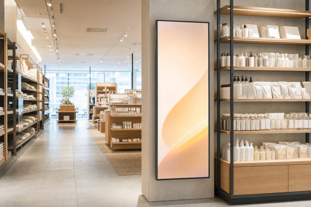 明るいモダンな小売店内で商品棚の脇に立つ縦型デジタルサイネージ。商品と連動した売場のサイネージ運用のイメージ