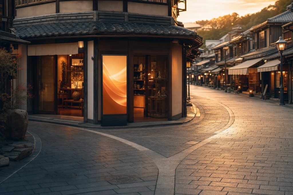 夕暮れの和の商店街の角店。店先のデジタルサイネージが灯り、石畳の道が手前で二手に分岐する様子。サイネージ運用を内製するか外注するかの判断を表す。