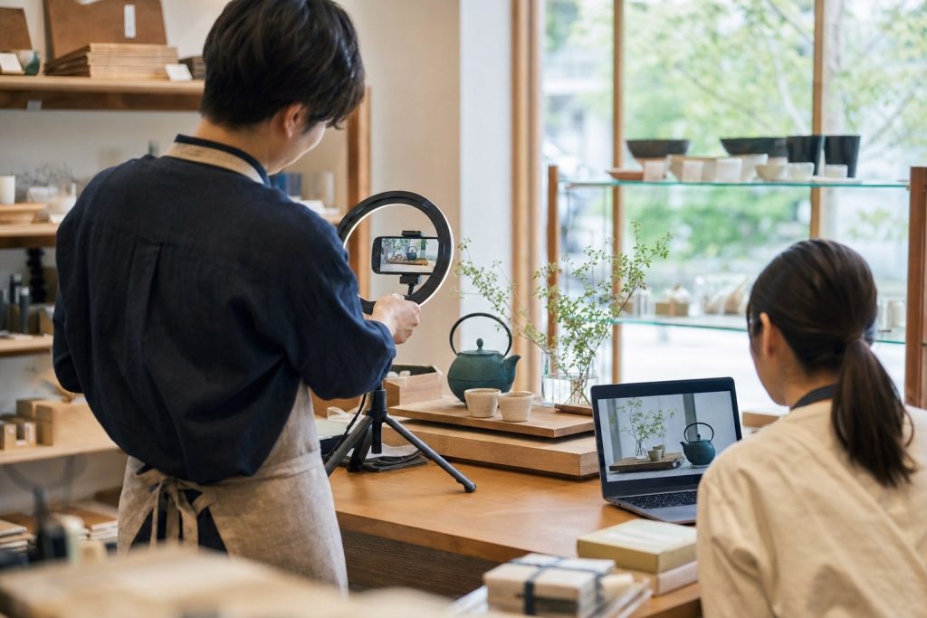 店舗スタッフがスマートフォンとリングライトで商品を撮影し、隣の担当者がノートパソコンで確認しているSNS運用の現場