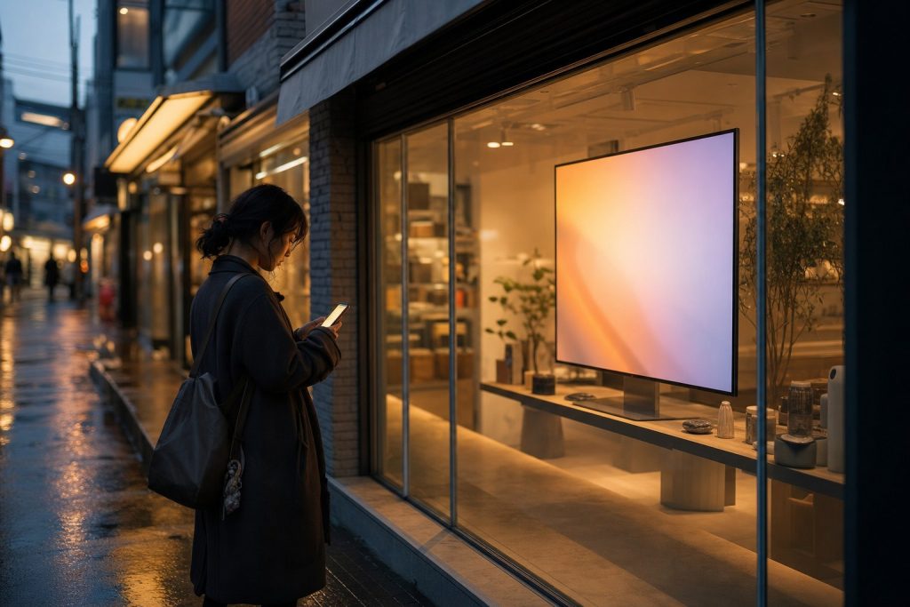 雨上がりの商店街。ガラス越しに店内のデジタルサイネージが光り、その外を歩く人はスマートフォンを見ている