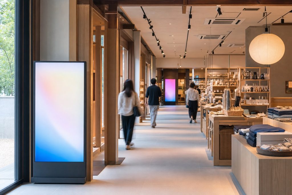店内通路に設置された2面の縦型デジタルサイネージ。手前の面と奥の面で視認距離が異なる様子
