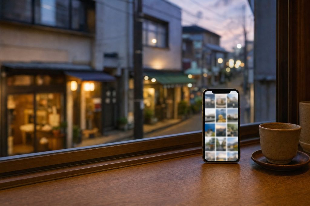 夕暮れの日本の商店街に面したカフェのカウンター。木のカウンターにスマートフォンが立てられ、写真がグリッド状に並んでいる。窓の外には地元の店の明かりがともっている