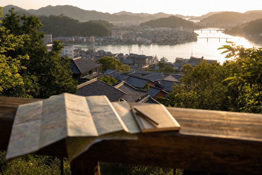 高台から見下ろした日本の地方の町並み。瓦屋根の家々の向こうに川と山並みが広がり、夕方の光が水面に反射している。手前の木の手すりに、折りたたんだ地図とノートが置かれている
