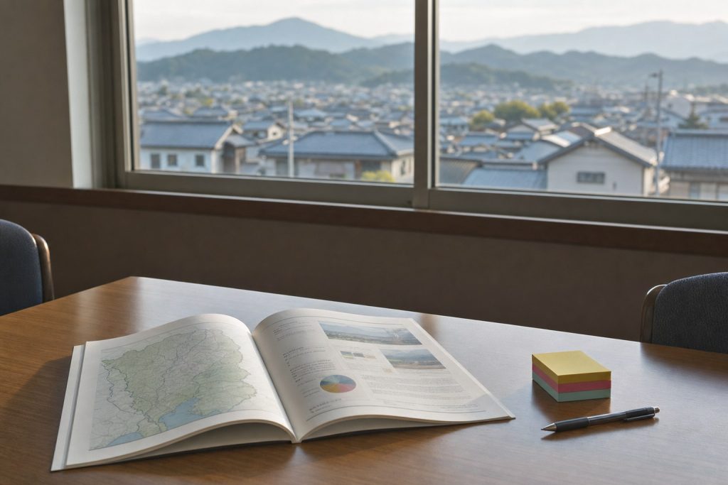 自治体庁舎の会議室の机に、地図と写真が載った総合計画の冊子が開いて置かれている。窓の外には瓦屋根の町並みと山並みが朝の光の中に広がっている