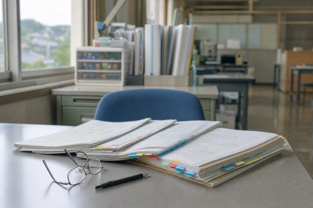付箋の付いた仕様書の束が並ぶ自治体の執務室の机
