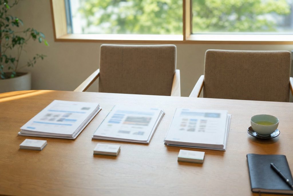 打ち合わせテーブルに置かれた3種類の提案書と名刺