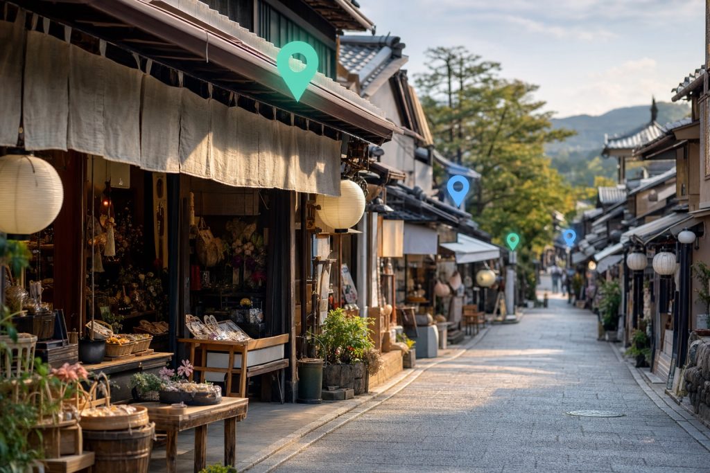 日本の古い町並みの商店街と、店の上に立つ地図ピン