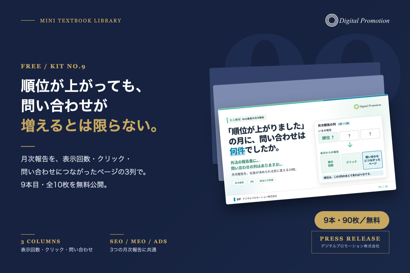 順位が上がっても、問い合わせが増えるとは限らない。Web集客の月次報告を3列で受け取る10枚のミニ教材（9本目）